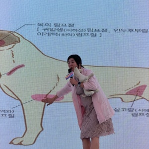 반려견 신체 구조 자료를 띄운 화면 앞에서 강연하는 모습